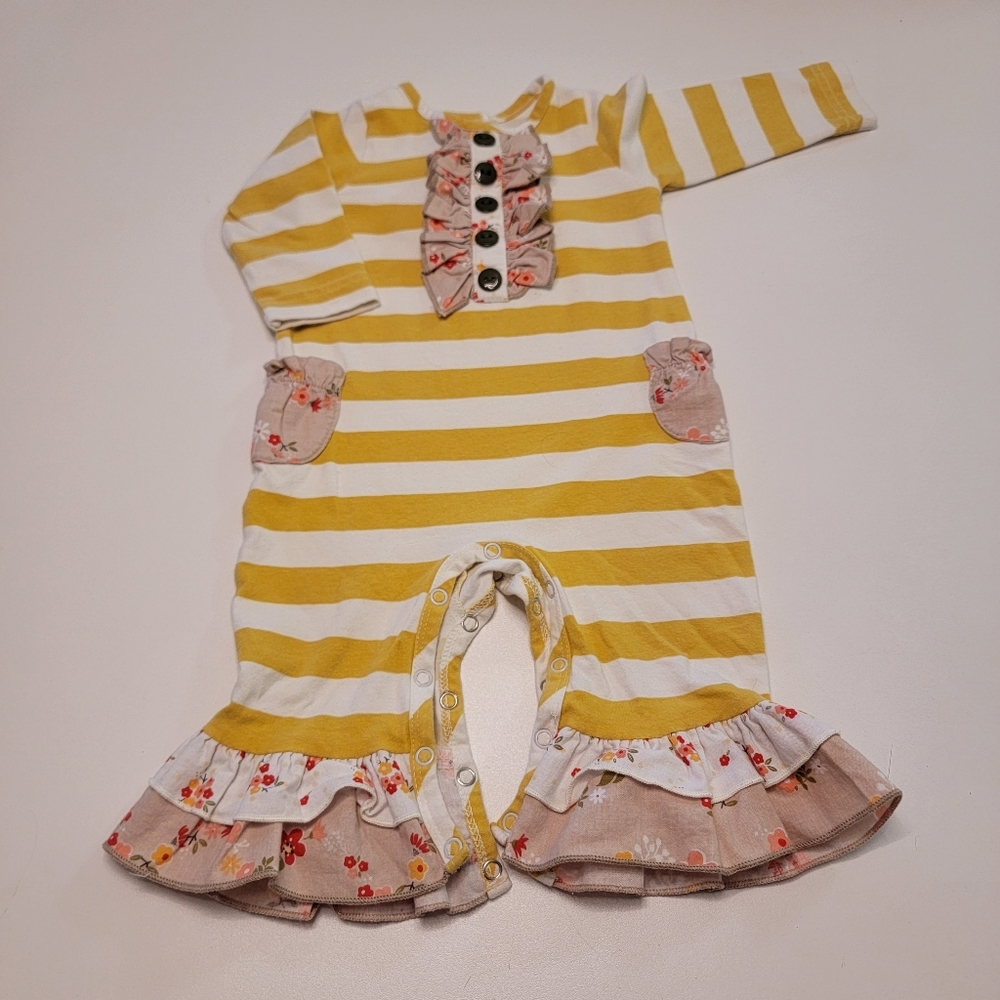 Ricrac & Ruffles 6-9 month mustard striped outfit with floral Ruffles